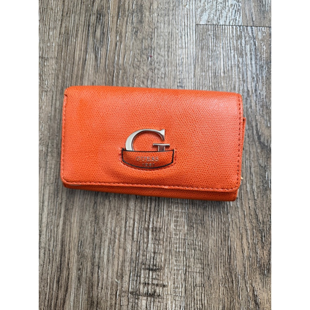 Guess Orange Textured Trifold Wallet Silver G Logo Zip Coin Pocket‎ Mens Womens